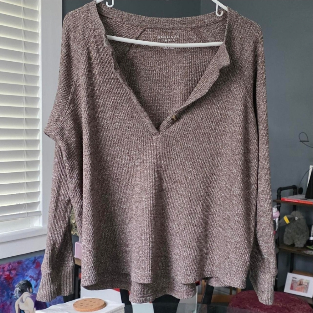 American Eagle Outfitters Textured Brown V-Neck Sweater